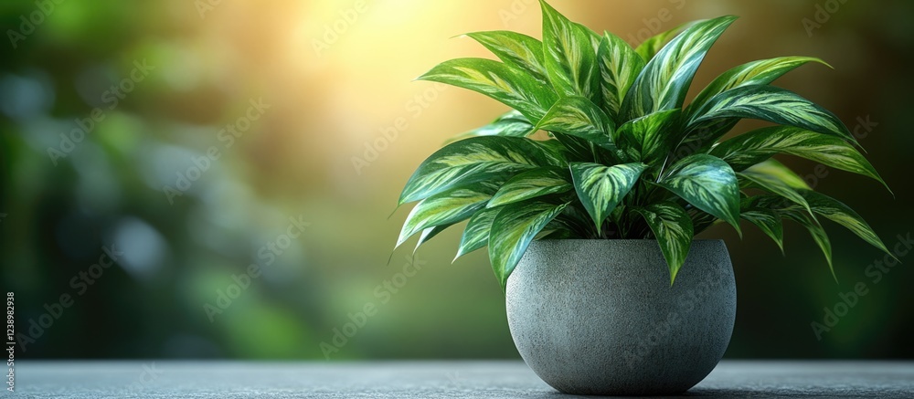 Poster potted green leafy plant in a stylish concrete pot placed on a table with blurred background and war