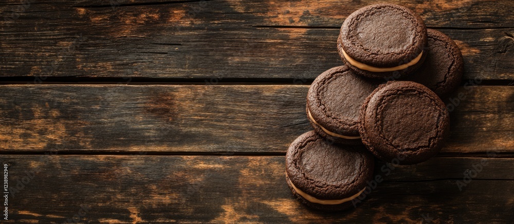 Poster chocolate sandwich cookies stacked on rustic wooden surface with copy space for text