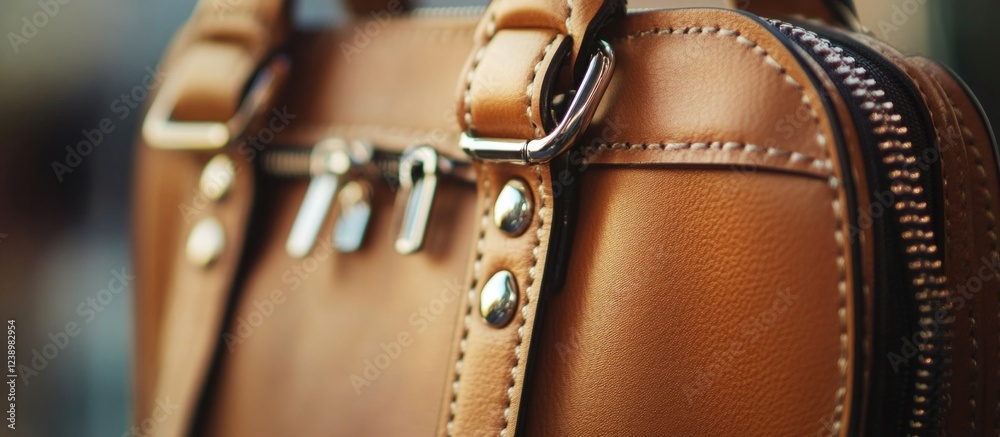 Poster close-up of a stylish brown leather handbag highlighting details of zipper and studs with soft blurr