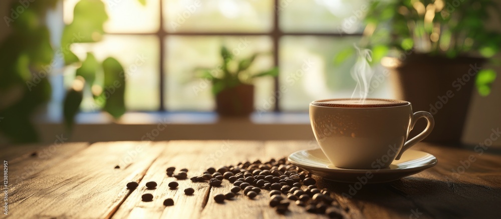 Aufkleber cup of steaming coffee on wooden table with scattered coffee beans and green plants in background wi