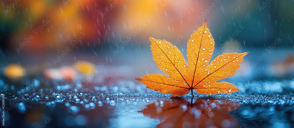 Poster Close-up of an orange autumn leaf with water droplets on a wet surface during rain with blurred background and copy space