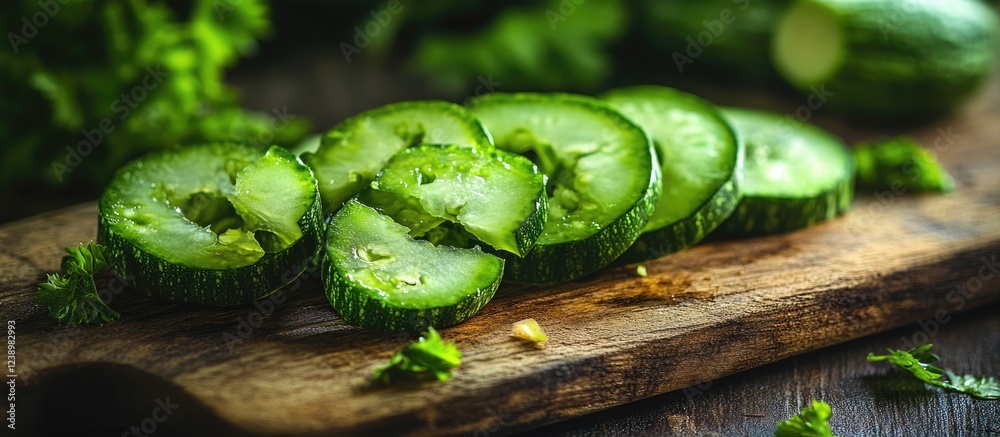Poster freshly sliced cucumber on a wooden cutting board with green herbs in the background and natural lig