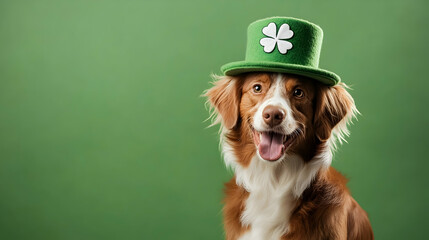 st. Patrick's Day happy Dog Portrait: Festive Pet in Green Hat, space for text