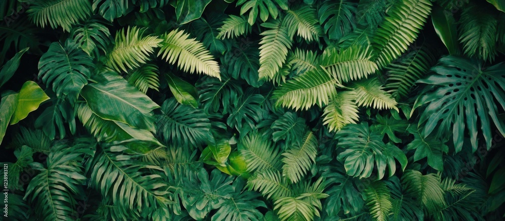 Aufkleber Lush green tropical foliage background with various types of plants and leaves creating a dense texture Copy Space