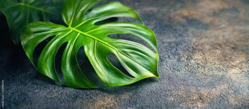 Aufkleber Close-up of Monstera leaves on textured background with copy space for text placement