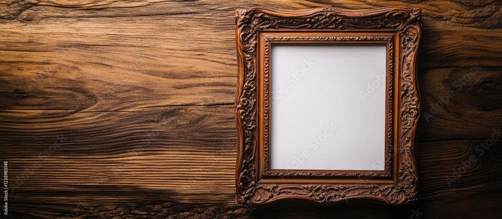 Poster vintage ornate wooden photo frame on a rustic wooden background with blank space for customization c