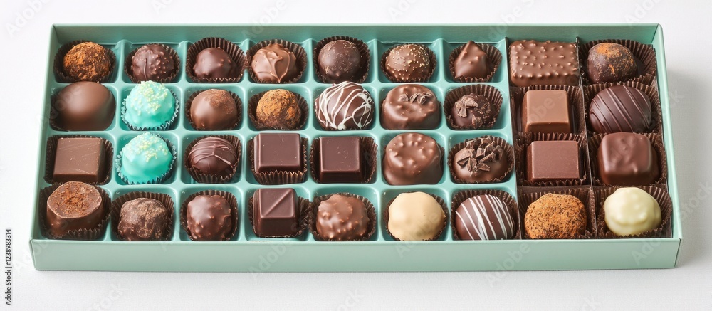 Poster Assorted artisan chocolates in a teal box with various shapes and flavors arranged neatly on a white background. Copy Space.