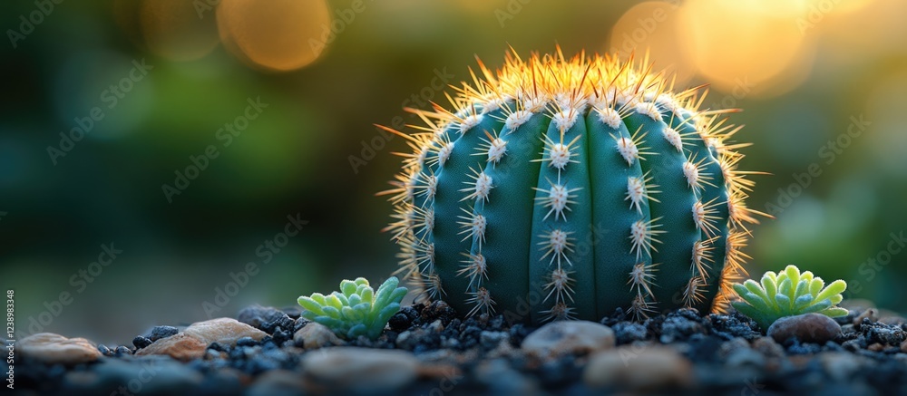 Poster Cactus with spines and small succulents on rocky ground illuminated by warm light with bokeh effect Copy Space