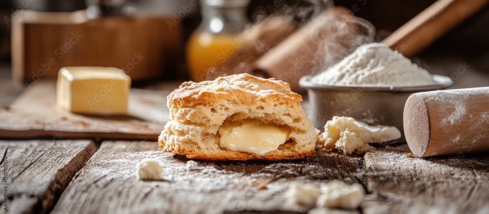 Poster Freshly baked biscuit with melting butter on rustic wooden surface with flour and baking tools in background Copy Space