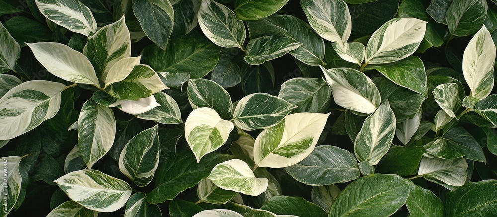 Poster variegated green and white leaves flat lay background design with natural foliage texture and copy s