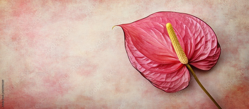 Poster pink anthurium flower on textured pastel background with copy space for text placement
