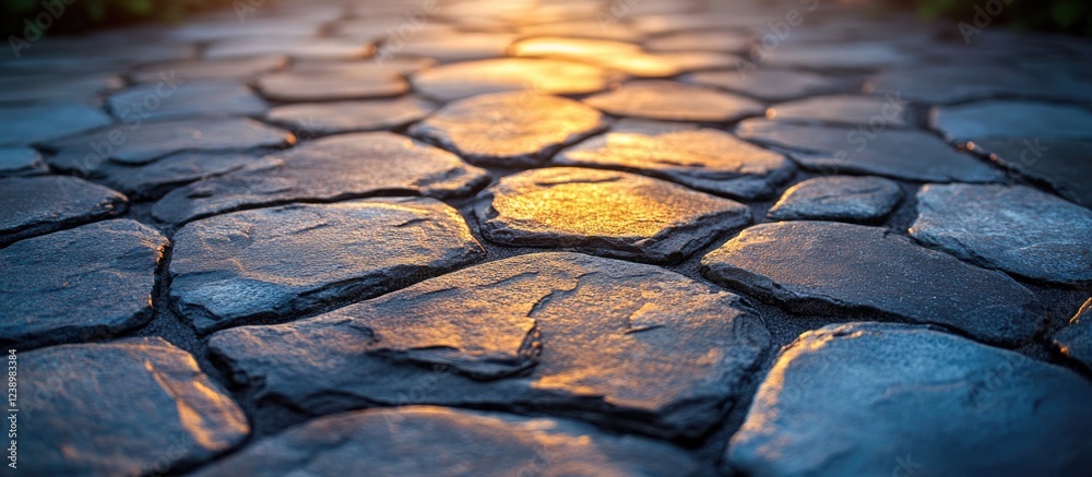 Poster cobblestone pathway with warm lighting at sunset highlighting textured stones and creating a natural
