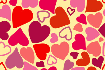 Seamless pattern with hearts. Pink, red hearts drawn by hand on a light warm background. Design for St. Valentine's Day, wedding, wrapping paper. Vector
