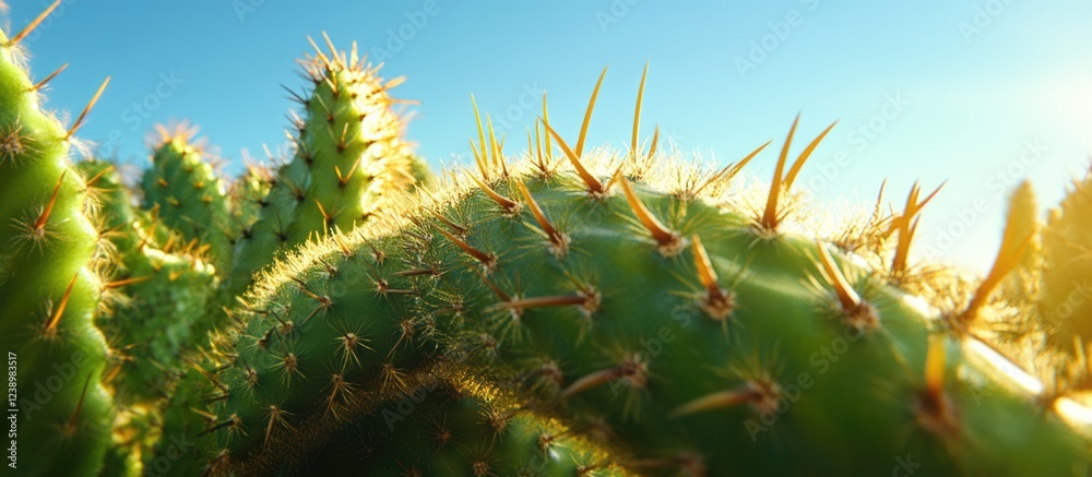 Poster Close-up view of a cactus with sharp spines against a clear blue sky lighting showcasing the texture and detail of the plant Copy Space