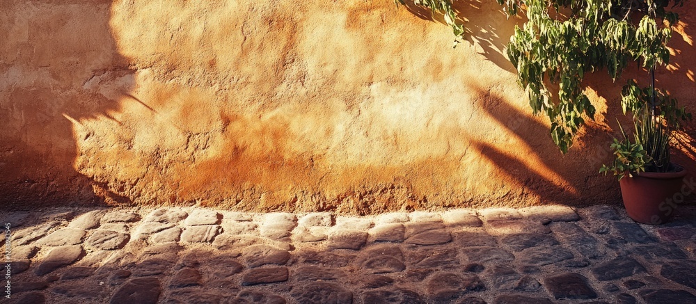 Poster Textured rustic wall with shadows cast by green foliage and stone pavement for background design and composition. Copy Space