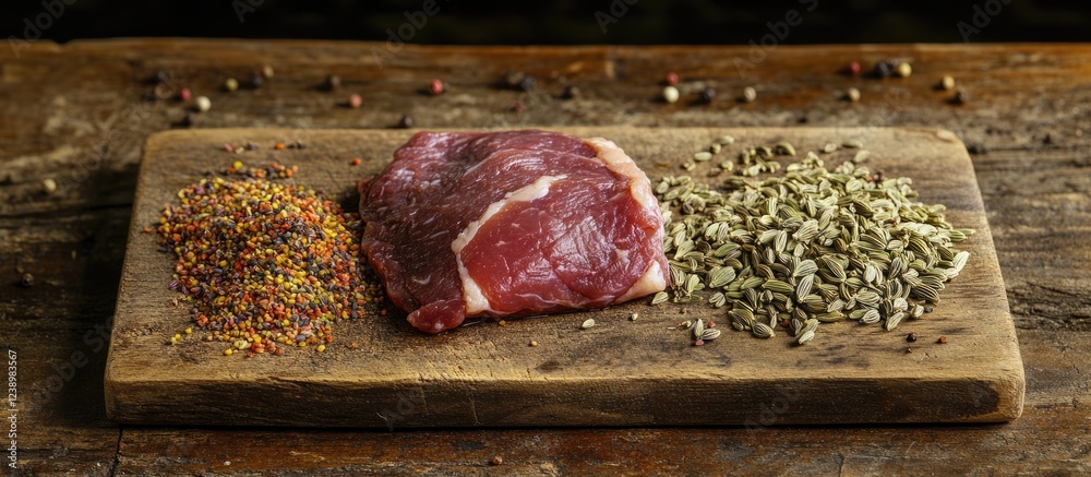 Aufkleber Raw meat with a selection of colorful spices and dried herbs on a wooden cutting board rustic background with copy space