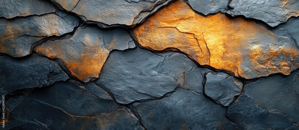 Aufkleber Textured layers of dark slate with orange highlights in a natural rock formation suitable for background or design use Copy Space