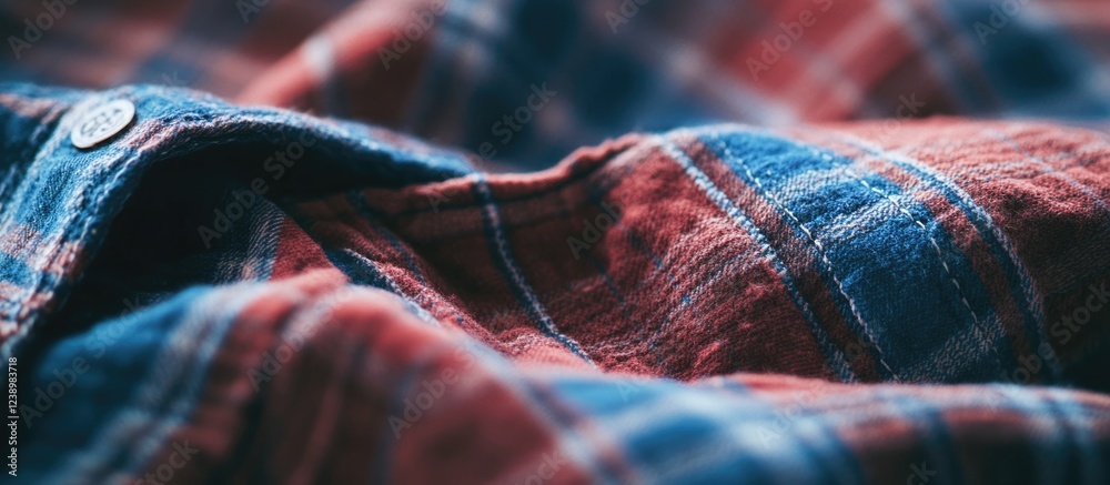 Poster Close-up of red and blue plaid flannel fabric showing texture and detail with button and folds Copy Space