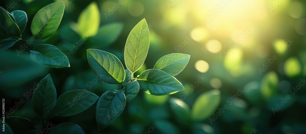 Poster close-up of green leaves with soft sunlight background and bokeh effect healthy foliage natural envi