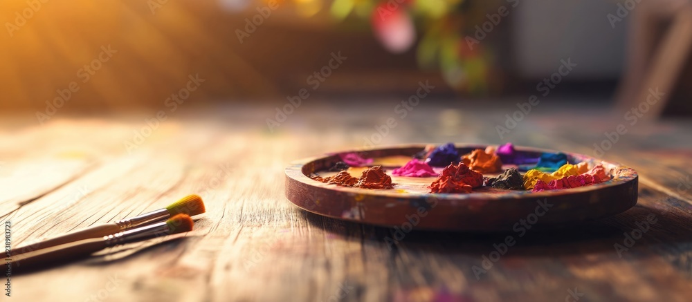 Aufkleber Artistic palette with colorful paints and paintbrushes on wooden table in sunlight with soft bokeh background Copy Space