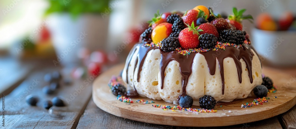 Poster chocolate covered dessert topped with fresh berries and sprinkles on a wooden board with blurred bac