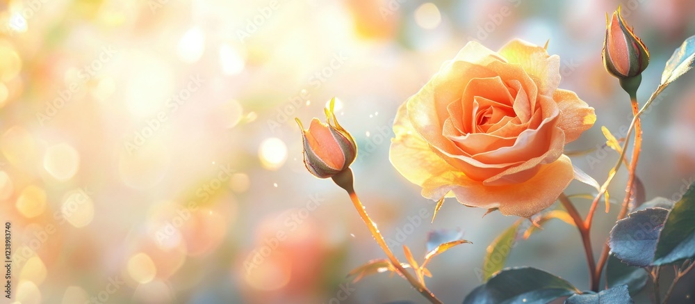 Poster Peach rose flower with buds in a soft-focus background adorned with shimmering light and subtle bokeh effect Copy Space
