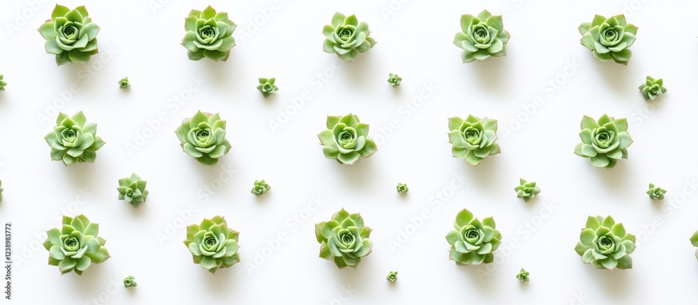 Aufkleber Green succulent plants arranged in a flat lay pattern on a white background with ample copy space for text placement