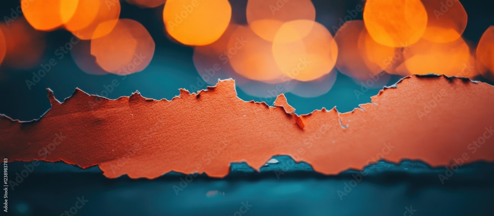 Aufkleber Colored paper tear with blurred bokeh lights in the background creating a visual contrast and depth suitable for design projects with copy space