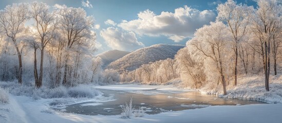 Winter landscape with frozen river and snow-covered trees under a blue sky with clouds in a serene mountainous setting Copy Space