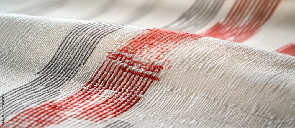 Aufkleber Close-up of textured fabric with red and gray stripes on a light background featuring visible weaving patterns and details Copy Space