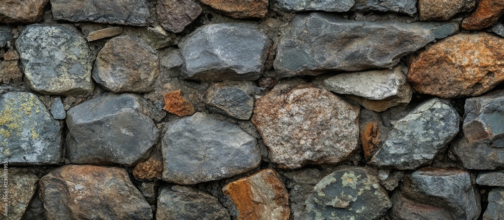 Poster Textured background of a rustic stone wall with various sizes and colors of rocks, emphasizing natural materials, Copy Space.