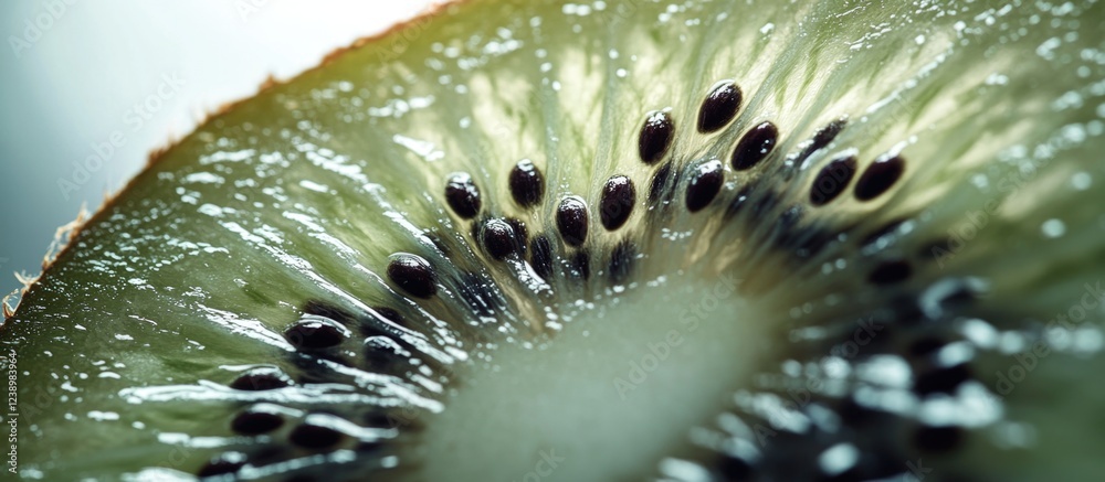 Aufkleber Close-up of a sliced kiwi fruit revealing seeds and texture with soft focus background and copy space for text.