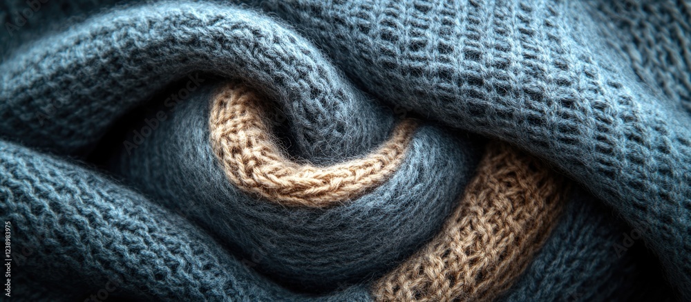 Poster Textured knitted wool fabric in blue and beige tones with spiral pattern and soft focus background Copy Space