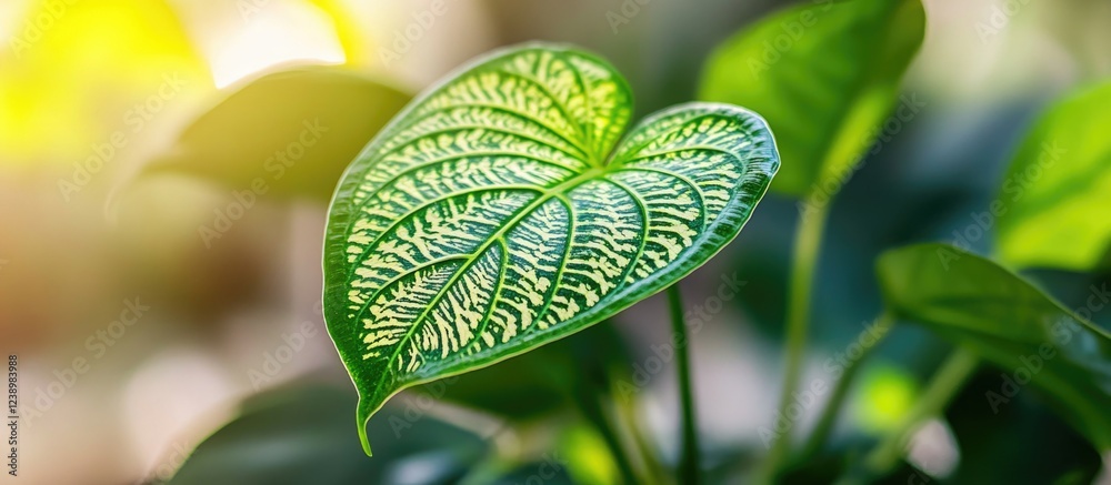 Poster close-up of a vibrant green leaf with intricate patterns and veins surrounded by blurred foliage and
