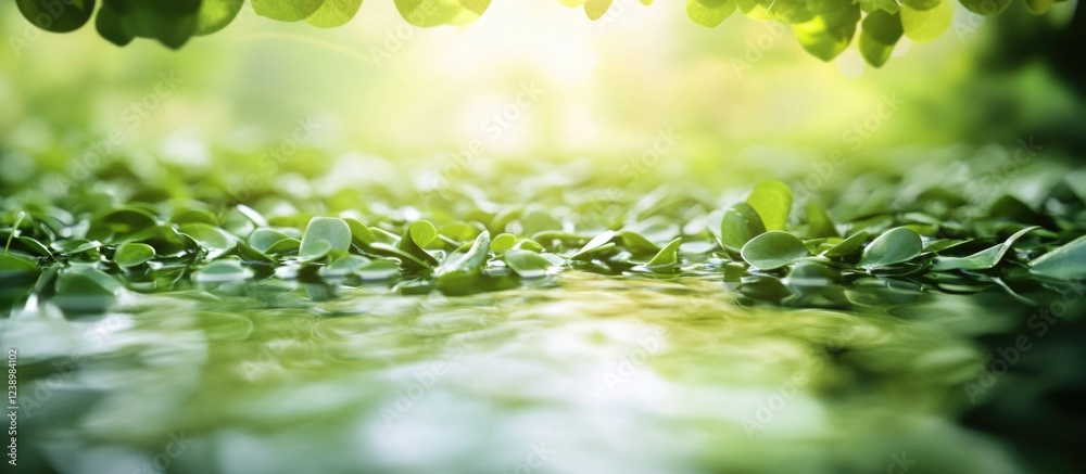 Poster Green leaves floating on calm water surface with soft sunlight and natural bokeh background Copy Space