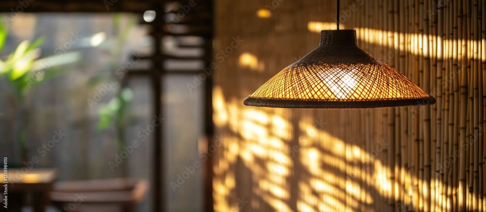 Poster woven rattan pendant light hanging in a warm indoor setting with bamboo wall and soft sunlight casti