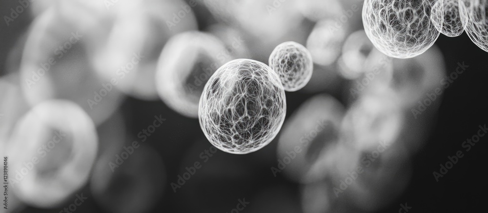 Poster Abstract macro image of floating soap bubbles in monochrome with intricate surface detailing against a dark background Copy Space