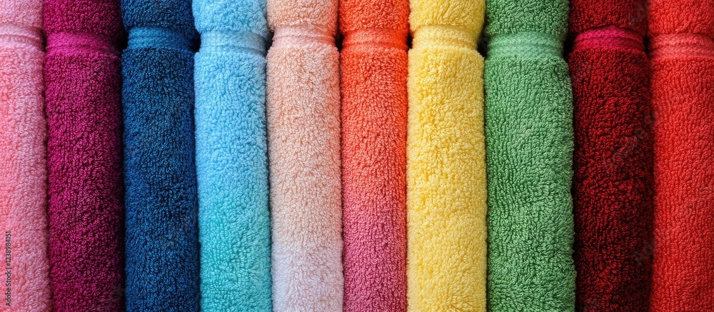 Aufkleber Colorful rolled towels stacked neatly in a row arranged in gradient shades with texture detail visible and Copy Space for text placement