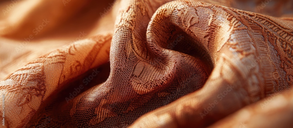Poster Close-up of intricately patterned orange fabric with soft folds and textures, showcasing textile detail and quality, Copy Space