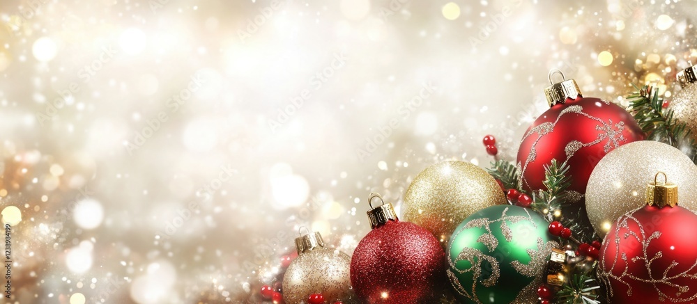 Poster colorful christmas ornaments on pine branches with bokeh background and copy space for holiday greet
