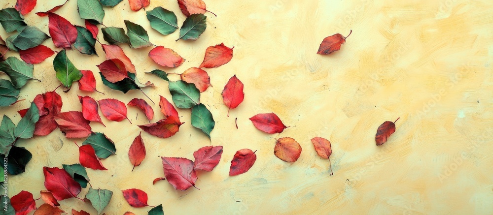 Poster colorful autumn leaves scattered on a yellow textured background with copy space for text placement