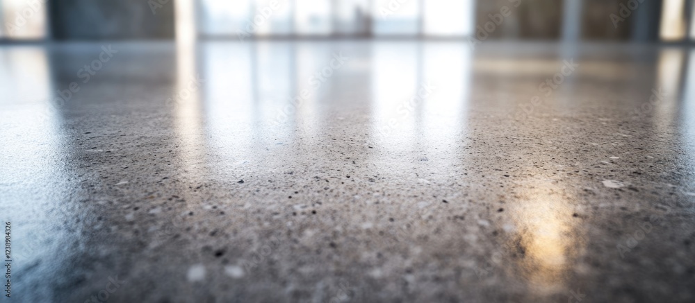 Poster Smooth polished concrete floor with reflections and soft lighting in an indoor space, suitable for architectural and design themes. Copy Space