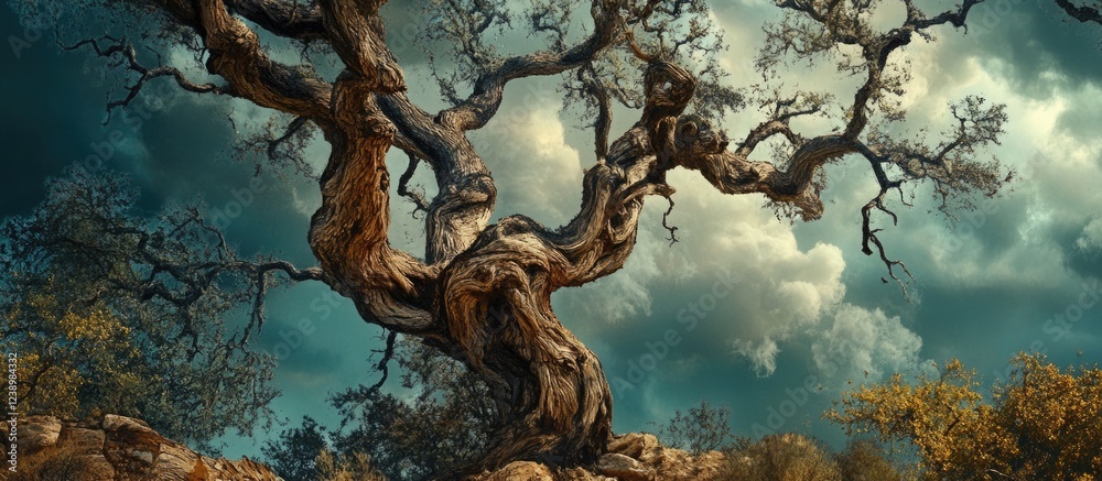 Poster Ancient twisted tree with dramatic sky background showcasing intricate bark patterns and vibrant foliage Copy Space