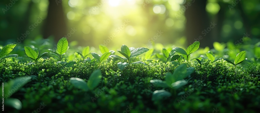 Aufkleber Lush green foliage with soft sunlight filtering through a forest creating a tranquil natural background Copy Space