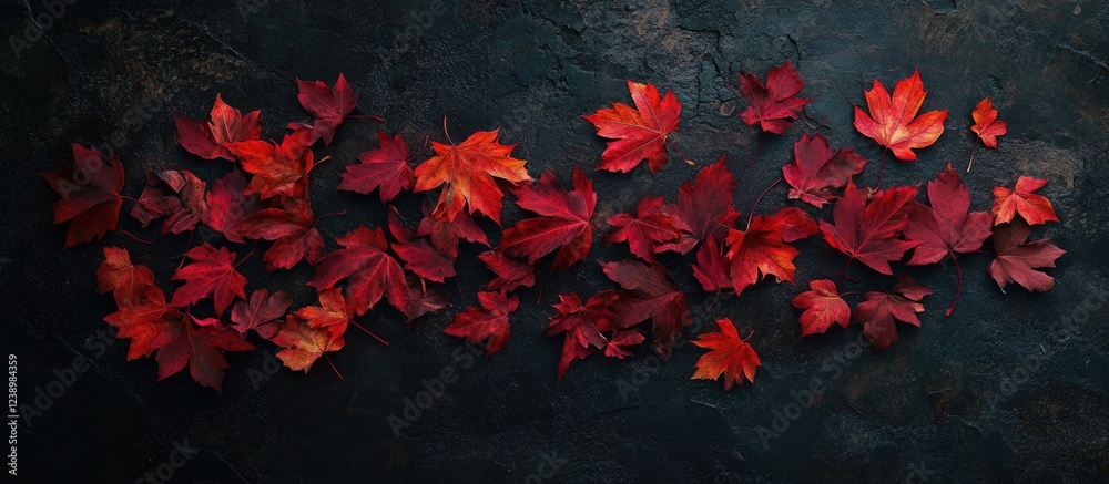 Poster Colorful autumn leaves scattered on dark textured background with ample Copy Space for text placement