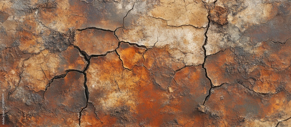 Poster Cracked and weathered textured surface with rust and earth tones suitable for various design applications Copy Space