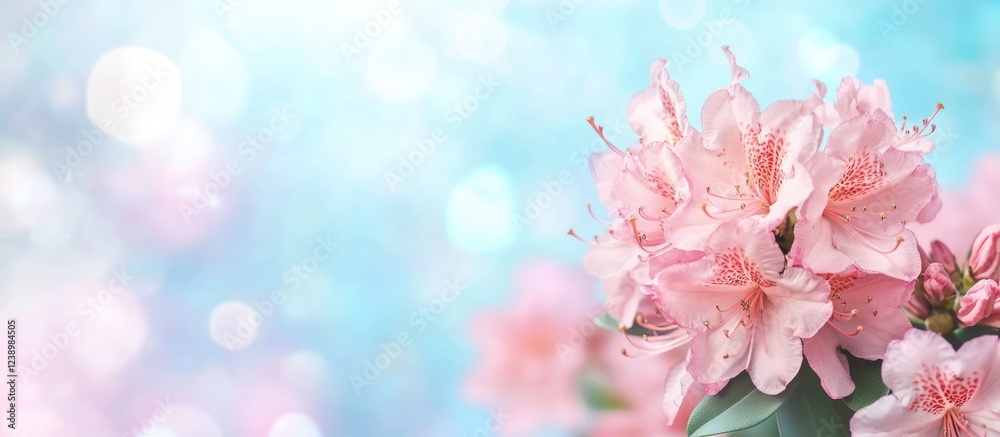 Poster pink azalea flowers with soft blurred blue background and bokeh lights copy space