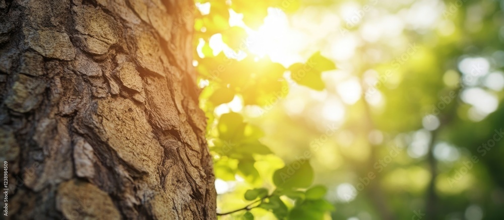 Aufkleber Close-up of tree bark with vibrant green leaves and sunlight filtering through the background creating a natural atmosphere Copy Space
