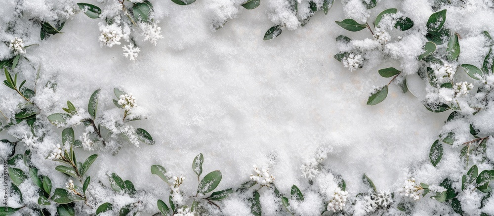 Aufkleber snowy background with green leaves and white flowers creating a natural frame for text copy space
