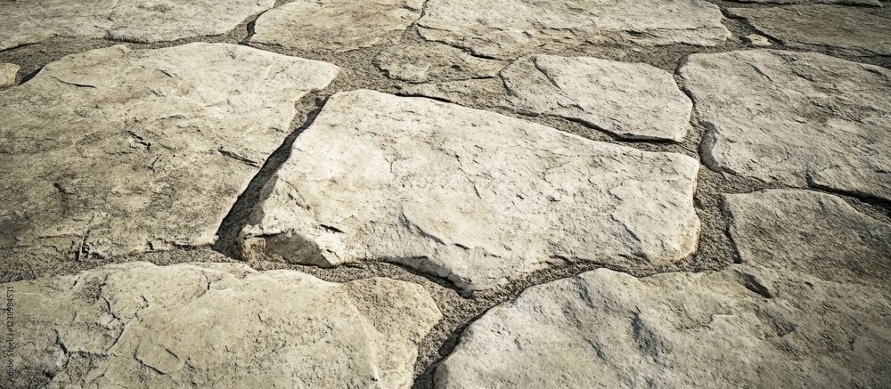 Poster Textured stone pavement with irregular shapes and natural color variations suitable for backgrounds or design elements. Copy Space